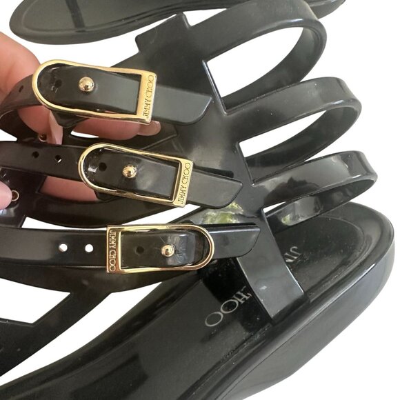 JIMMY CHOO Margot Black Gold Gladiator  Jelly Sandals size 37 / US 7 - Picture 9 of 11